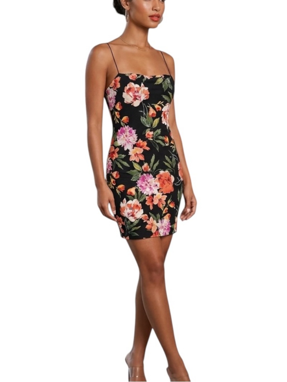 Boutique Vivace Black Floral Print Stretch Dainty Strap Fitted Mini Dress S